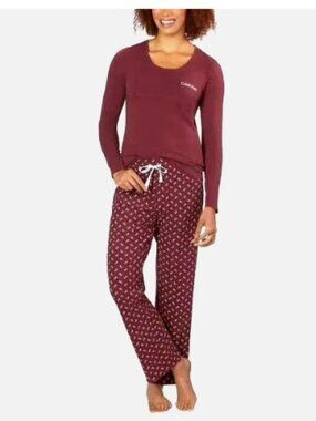 CALVIN KLEIN Maroon 2 Piece Henley Top Drawstring Pant Pajama Set Large